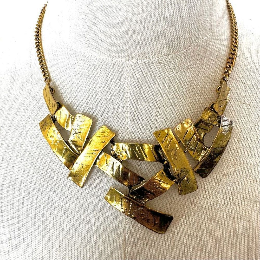 Rectangular gold tone geometric statement necklace